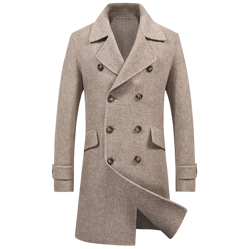 Double-breasted mid-length woolen coat - World Of Journey