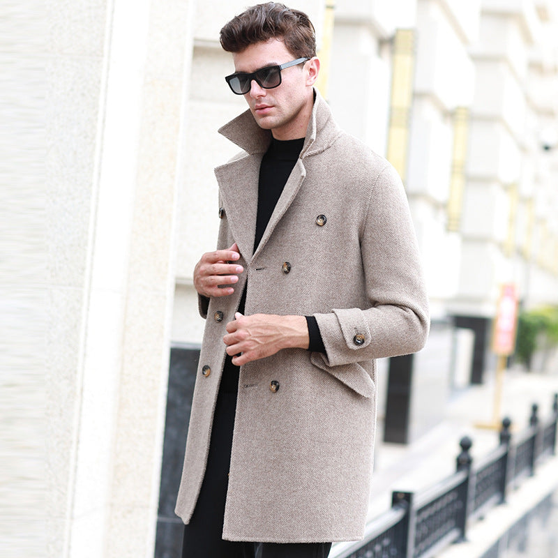 Double-breasted mid-length woolen coat - World Of Journey
